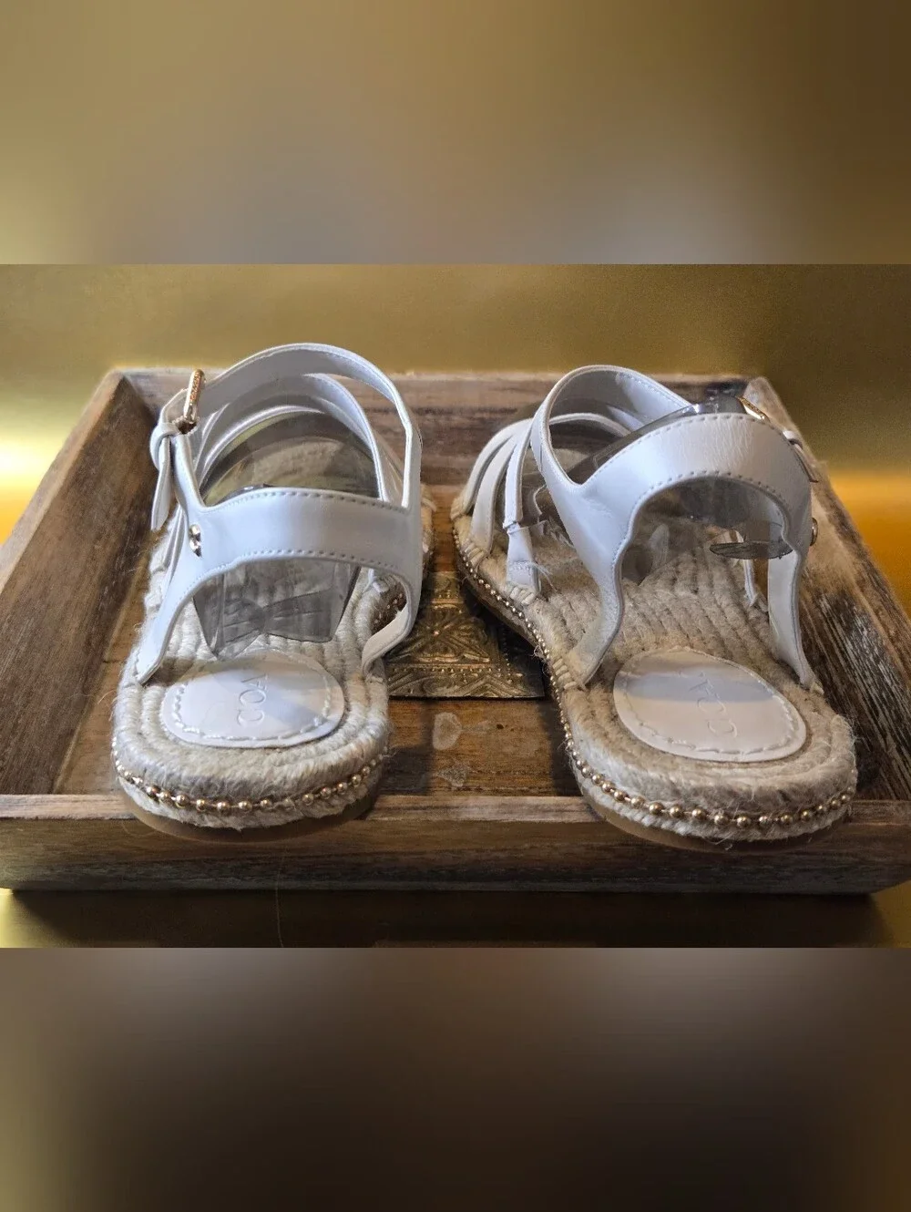 Coach White Leather Espadrille Sandals Gold Bead Trim Ankle Strap C2794 NWOT 9B